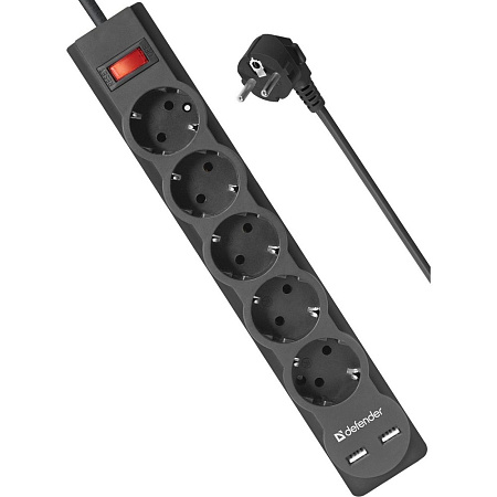 Defender Фильтр DFS 751 1.8м, 5 розеток, 2xUSB, 2.1A (99751)