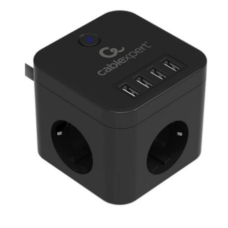 Cablexpert Сетевой фильтр Cube CUBE-3-U4-B-1.5 (3р, 10А, 4 х USB, 1.5м, ур.защиты 4+) черный, коробк