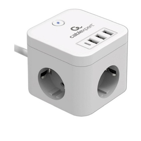 Cablexpert Сетевой фильтр Cube CUBE-3-CU3-W-1.5 (3р, 10А, 1xType-C PD, 3xUSB, 1.5м, ур.защиты 4+) бе