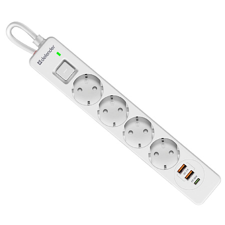 Defender Удлинитель с сетевым фильтром DFS 143 3 м,белый,4розетки,USB+TypeC [99434]