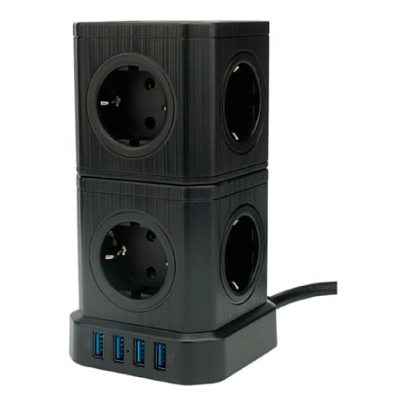 Cablexpert Сетевой фильтр Tower TWR-9-U4-B-2 (9р, 16А, 4 х USB, 3.1А, 2м, ур.защиты 4+) черный, коро